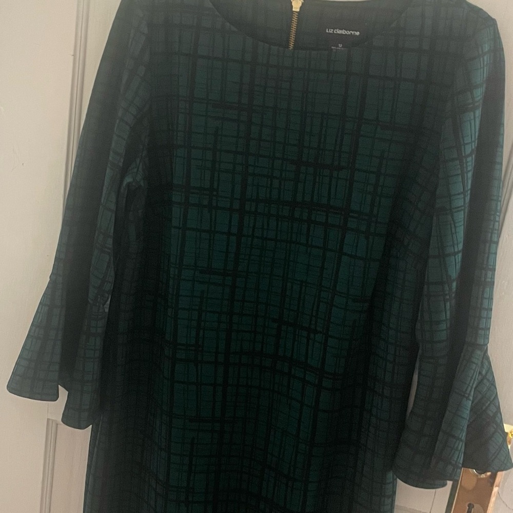 Liz Claiborne Teal Checkered Long Sleeve Dress